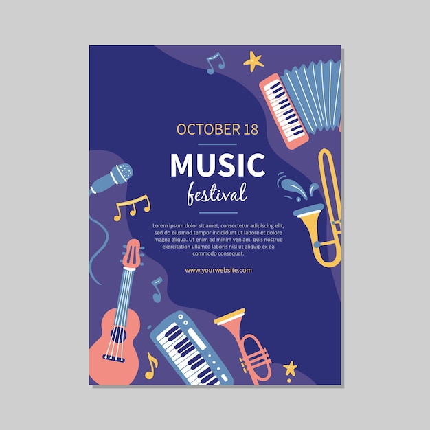 Vector hand drawn music festival flyer template with musical instruments