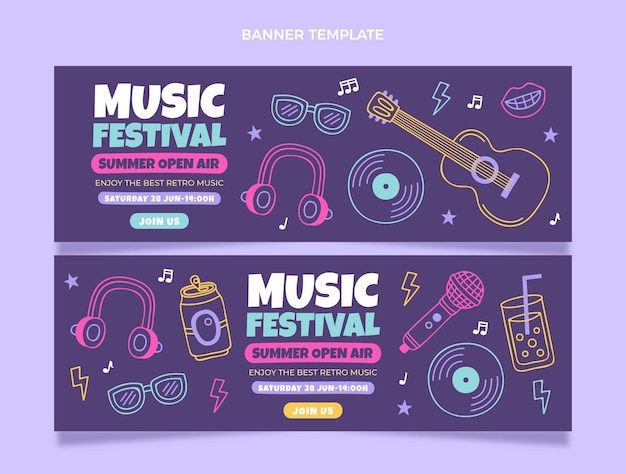 Vector hand drawn music festival horizontal banners