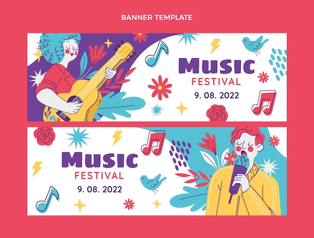 Vettore bandiere orizzontali del festival musicale disegnato a mano