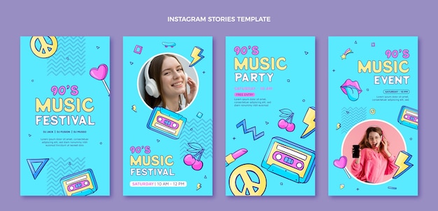 Vector hand drawn music festival instagram stories