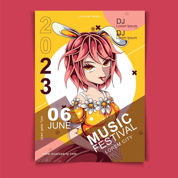 Vettore poster del festival musicale disegnato a mano con stile anime