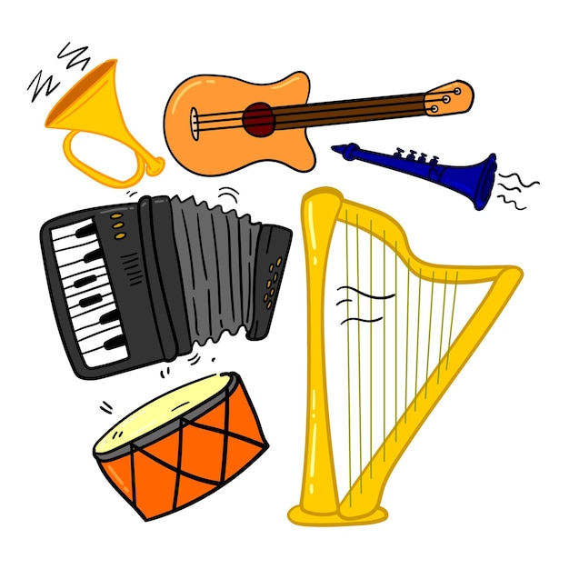 Vettore doodle di strumenti musicali disegnati a mano