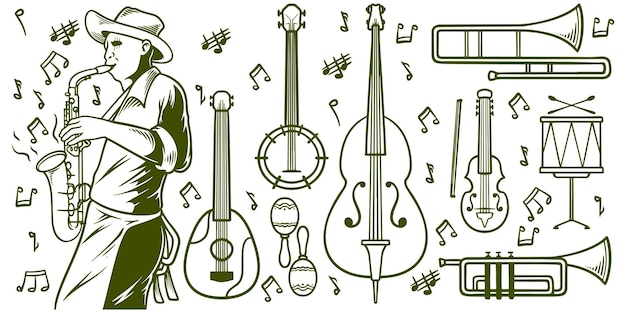 Vector hand drawn music jazz doodle icon set isolated on white background