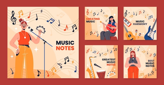 Vector hand drawn music notes instagram post