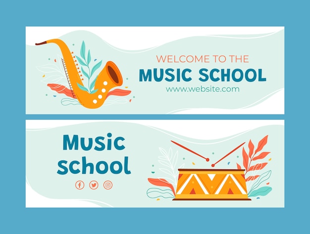 Vector hand drawn music school horizontal banner template