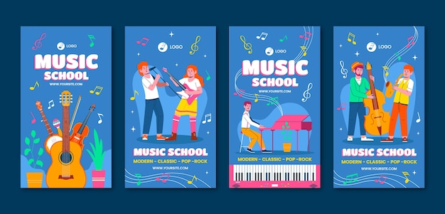 Vector hand drawn music school instagram stories template