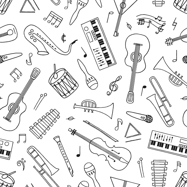 Hand drawn musical instruments seamless pattern in doodle style on white