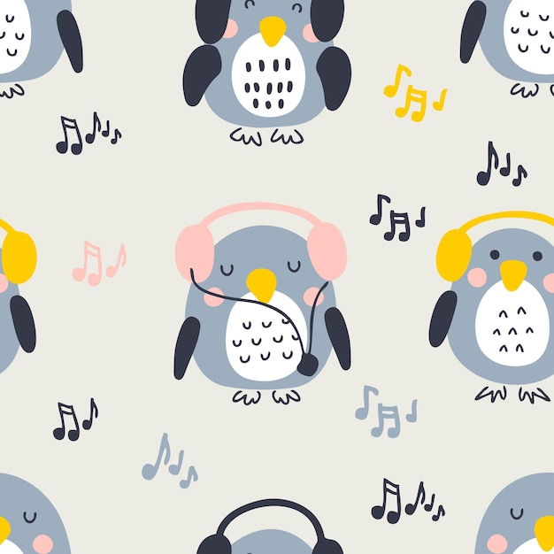 Hand drawn musical penguins seamless pattern Perfect for Tshirt textile and prints Cartoon style vector illustration for decor and design