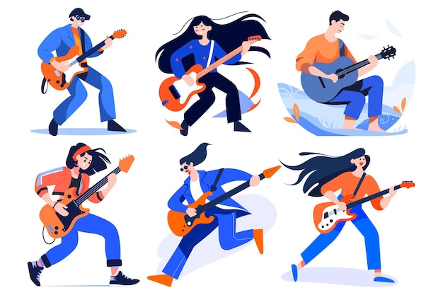 Hand Drawn musicians playing guitar and singing in flat style isolated on background