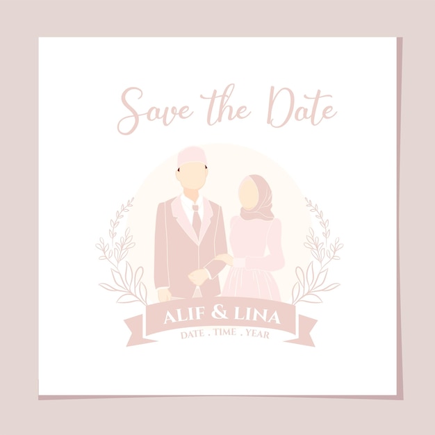 Hand drawn muslim bride and groom cartoon for simple elegant wedding card