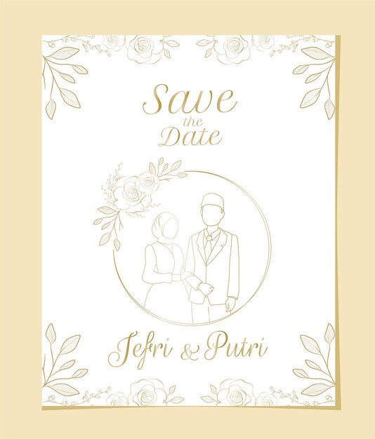 Hand drawn muslim bride and groom line gold for simple elegant wedding card