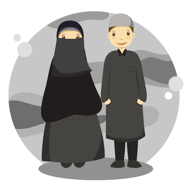 인사말 디자인 벡터를주는 niqab와 손으로 그린 이슬람 부부