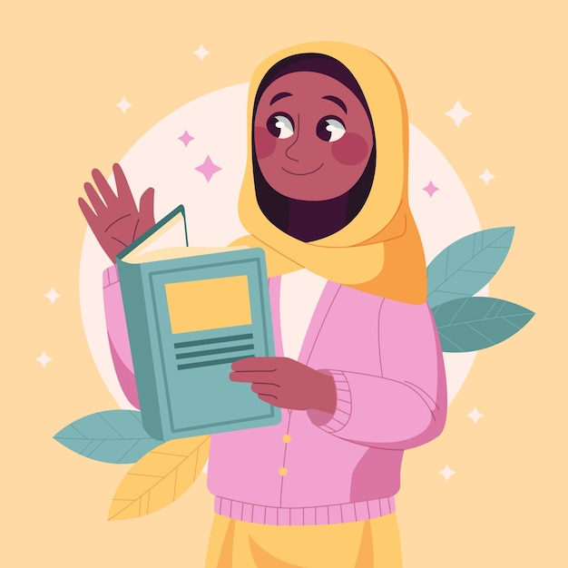 Hand drawn muslim girl education illustration