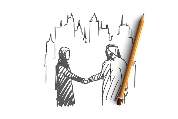 Hand drawn muslim man and woman shaking hands concept sketch