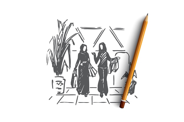 Hand drawn muslim women doing shopping in mall concept sketch