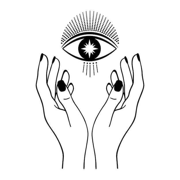 Occhio mistico disegnato a mano con mani di donna e stella in linea arte. simbolo spirituale dello spazio celeste. talismano magico, stile antico, boho, tatuaggio, logo. illustrazione vettoriale isolato su sfondo bianco