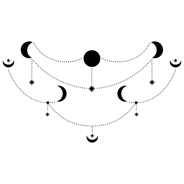 Рисованной мистическое солнце и луна со звездами в штриховой графике. духовный символ небесного пространства. магический талисман, античный стиль, бохо, тату, логотип. векторные иллюстрации, изолированные на белом фоне