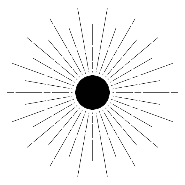 Ручной рисунок мистического солнца в линейном искусстве солнечные лучи световые лучи духовный символ небесного пространства магический талисман античный стиль бохо тату логотип векторная иллюстрация на белом фоне