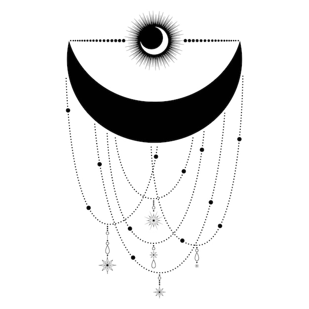 Vector hand drawn mystical sun and moon with stars in line art. spiritual symbol celestial space. magic talisman, antique style, boho, tattoo, logo. vector illustration isolated on white background