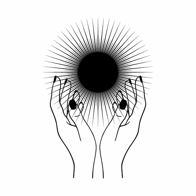 Hand drawn mystical sun with woman`s hands in line art. spiritual symbol celestial space. magic talisman, antique style, boho, tattoo, logo vector illustration.