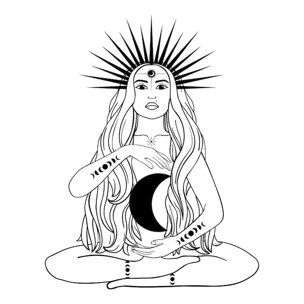 Hand drawn mystical woman with Sun, Moon, star in line art. Spiritual abstract silhouette young woman. Magic profile, esoteric talisman. Vector illustration isolated on white background