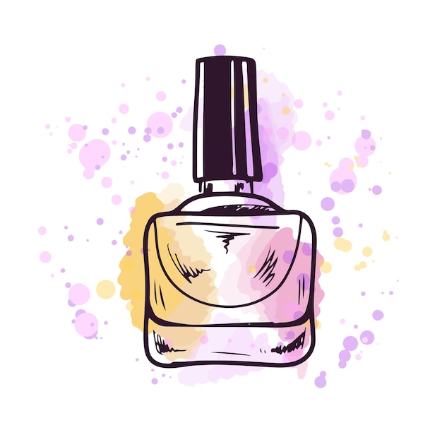 Hand drawn nail polish illustration on a watercolor pastel background with splashes of paint