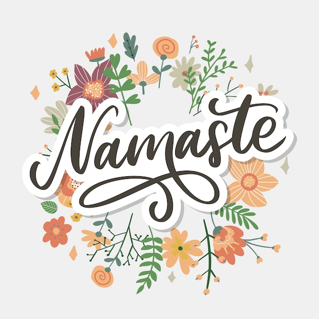 손으로 그린 namaste 카드. 힌디어로 안녕하세요. 잉크 그림. 손으로 그린 글자 배경입니다. 흰 배경에 고립. 긍정적 인 견적. 현대 브러시 서예.