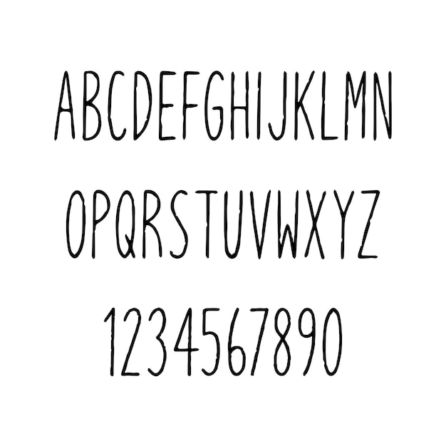 Hand drawn narrow alphabet. uppercase tall and thin letters and numbers on white background for design.