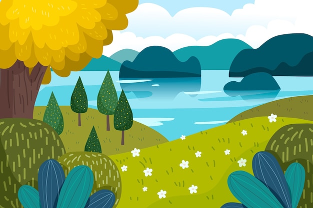 Vector hand drawn natural landscape with lake