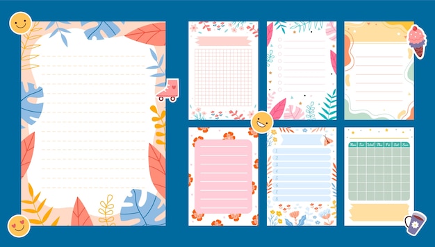 Hand drawn nature paper notes set with leaves and flowers and stickers