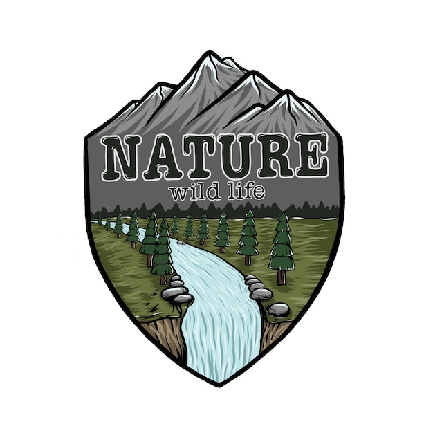 素晴らしい山の景色と手描きの自然ベクトルのロゴの滝