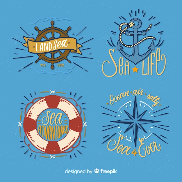 Vector hand drawn nautical badge collection