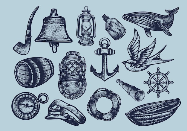 Hand drawn nautical object illustrations vector