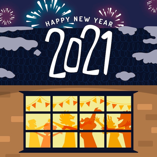 Hand drawn new year 2021 background with people partying