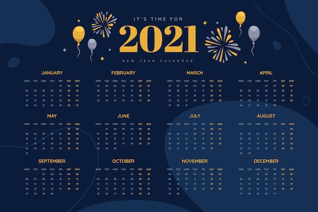 Hand drawn new year 2021 calendar with balloons and fireworks