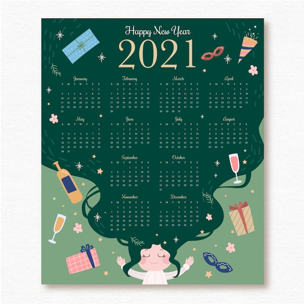 ギフトとパーティーハットと手描きの新年2021年カレンダー