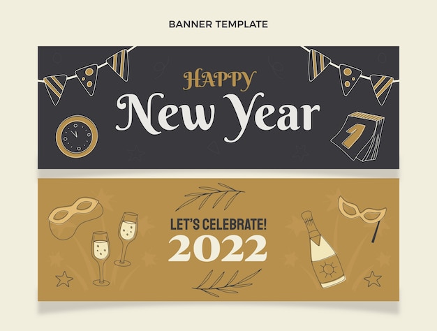 Hand drawn new year horizontal banners set