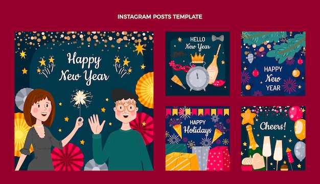 Vector hand drawn new year instagram posts collection