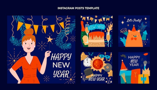 Vector hand drawn new year instagram posts collection