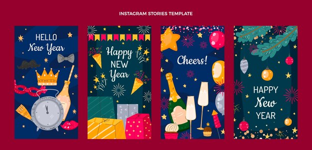 Vector hand drawn new year instagram stories collection