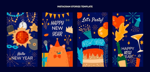 Vector hand drawn new year instagram stories collection