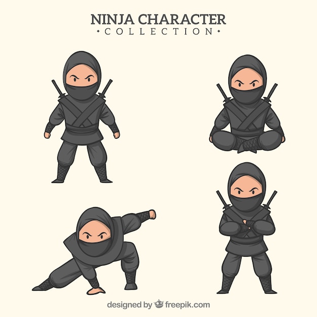 Guerriero ninja disegnato a mano in diverse pose