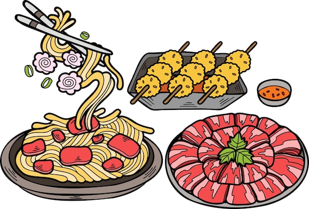 Иллюстрация китайской и японской кухни с лапшой и фрикадельками ручной работы