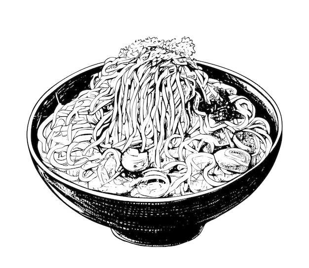 Vector hand drawn noodles in a bowl