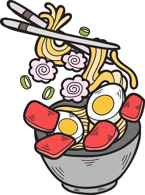 Tagliatelle disegnate a mano o ramen illustrazione di cibo cinese e giapponese