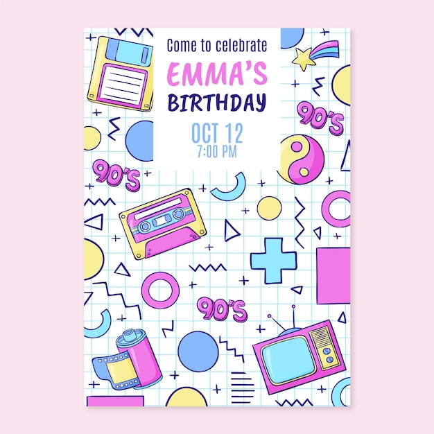 Vector hand drawn nostalgic 90's birthday invitation