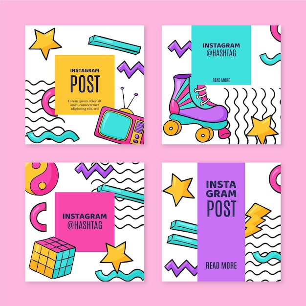 Vector hand drawn nostalgic 90's instagram posts collection