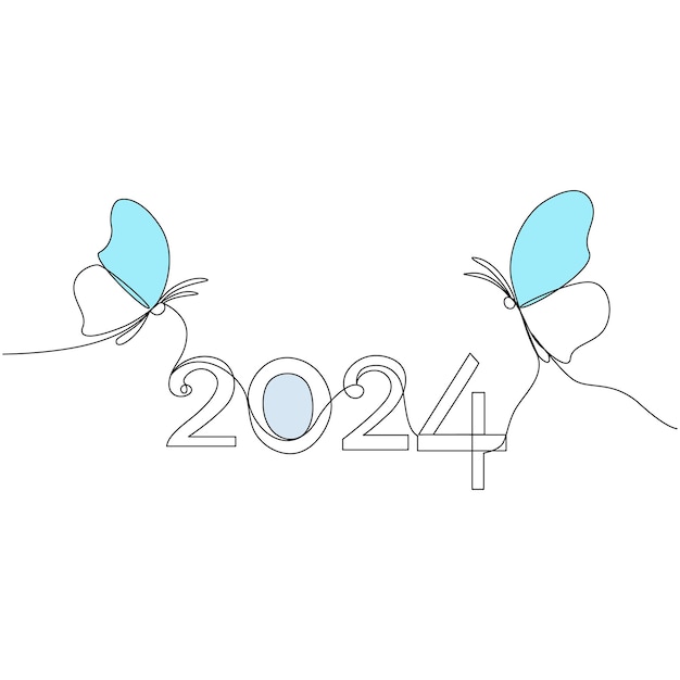 Hand drawn number lettering of 2024 in line art style Happy New Year of two butterfly