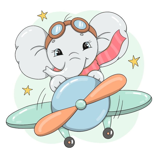 飛行機を飛んでいるかわいい象と手描きの保育園イラスト