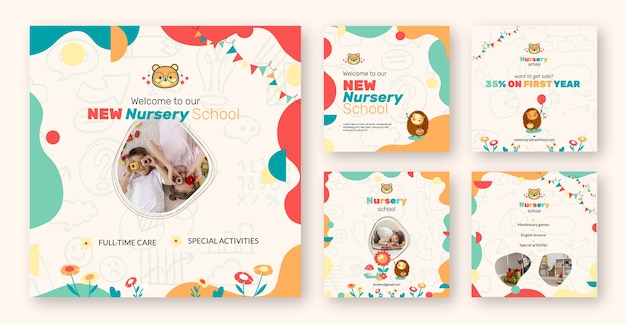 Vector hand drawn nursery school instagram posts collection